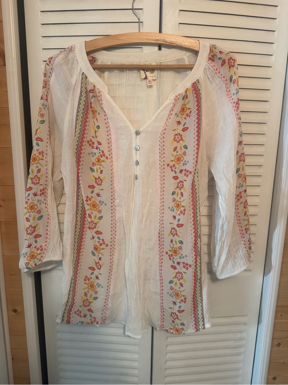 fig and flower White Blouse with Floral Stripe Accents